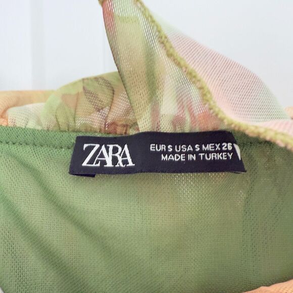 Women ZARA Floral Tulle Off Shoulder Mini Dress in Green Yellow Size Small - Picture 7 of 8